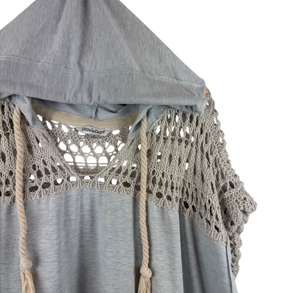 Davi & Dani Crochet Inset Hoodie Women S Gray Short Sleeve Relaxed DT10626